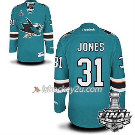 Reebok NHL San Jose Sharks Trøje Martin Jones #31 Teal Hjemme 2016 Stanley Cup