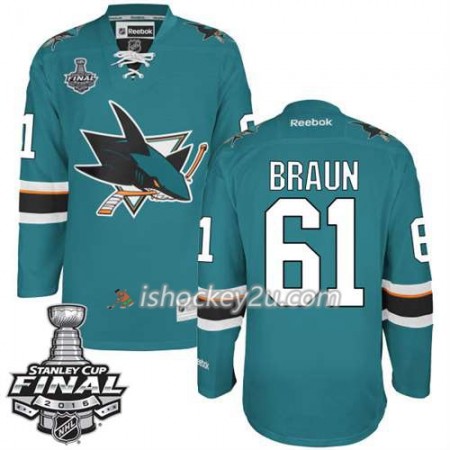 Reebok NHL San Jose Sharks Trøje Justin Braun #61 Teal Hjemme 2016 Stanley Cup