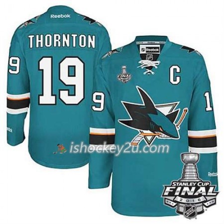 Reebok NHL San Jose Sharks Trøje Joe Thornton Captain #19 Teal Hjemme 2016 Stanley Cup