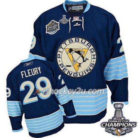 Reebok NHL Pittsburgh Penguins Trøje Marc-Andre Fleury 29 Blå Tredje 2016 Stanley Cup